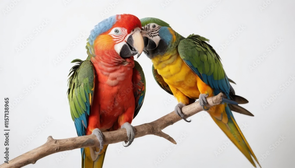 Obraz premium Vibrant Parrot Perched on Branch Against a White Background