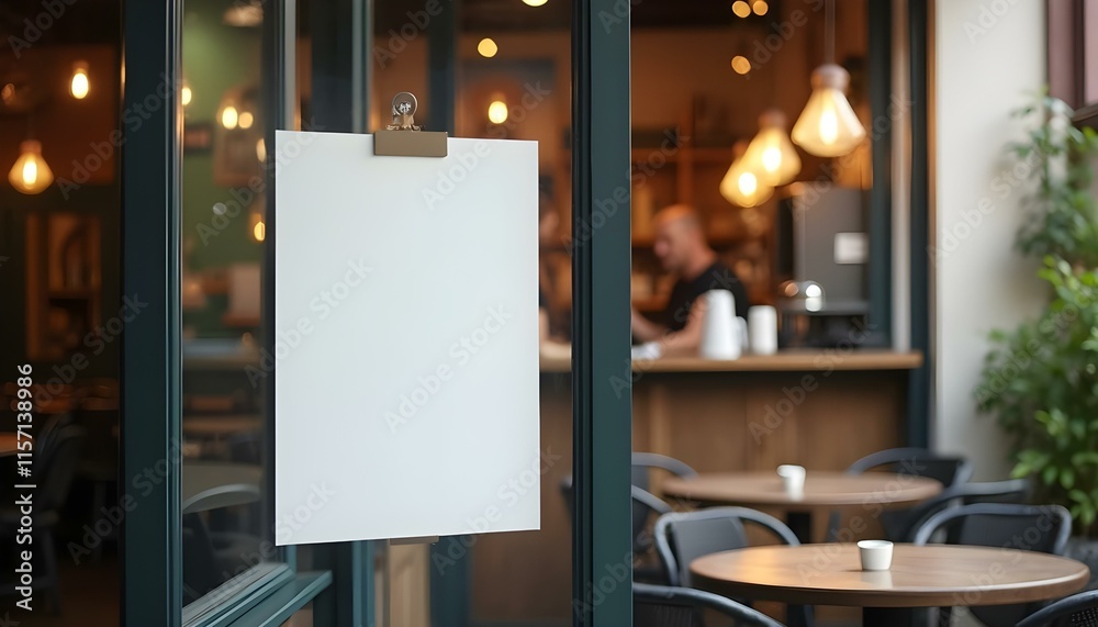 Póster blanco o adhesivo en el frente de un restaurante o cafetería para promociones y anuncios. Póster blanco o adhesivo en el frente de un restaurante o cafetería para promociones y anuncios.