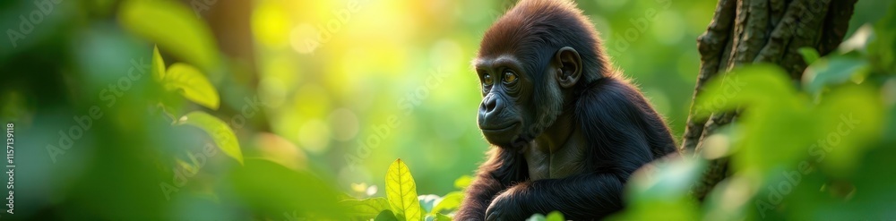 Fototapeta premium Young gorilla explores dense foliage, vibrant sunlight filtering through canopy, ape, curious