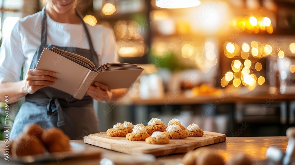 A woman flipping through a cookbook while baking cookies in a modern kitchen. A woman flipping through a cookbook while baking cookies in a modern kitchen.