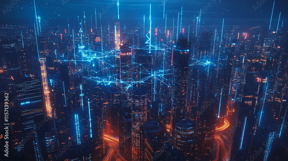 Fototapeta premium Smart digital Innovation city with connection network reciprocity over the cityscape. of future smart wireless digital city and social media networking systems that connects people with in city