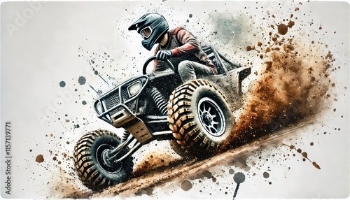 Close up of off road vehicle tires kicking up dirt, Off Road Racing male athlete in watercolour painting in minimalist white background, photo