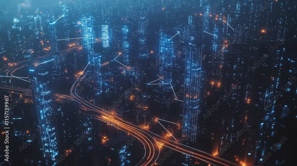 Smart digital Innovation city with connection network reciprocity over the cityscape. of future smart wireless digital city and social media networking systems that connects people with in city Smart digital Innovation city with connection network reciprocity over the cityscape. of future smart wireless digital city and social media networking systems that connects people with in city