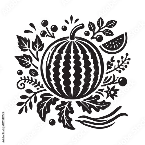 Watermelon Silhouette Vector Illustration, Solid White Background.