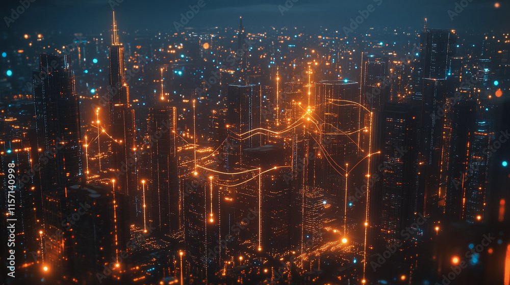 Fototapeta premium Smart digital Innovation city with connection network reciprocity over the cityscape. of future smart wireless digital city and social media networking systems that connects people with in city