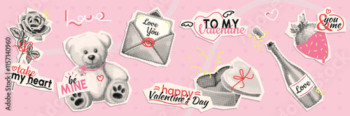 valentine day halftone collage, set of vintage torn out paper icons. love mood of y2k