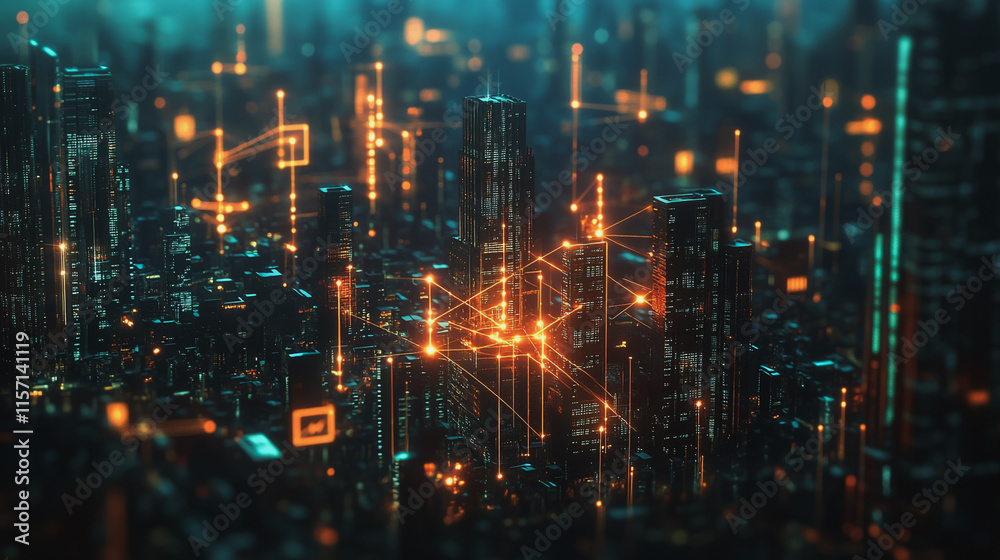 Naklejka premium Smart digital Innovation city with connection network reciprocity over the cityscape. of future smart wireless digital city and social media networking systems that connects people with in city