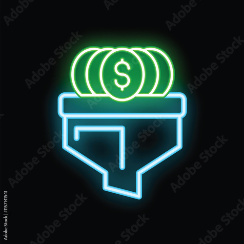 Glowing neon icon of a sales funnel converting money into profits, great for business and marketing concepts