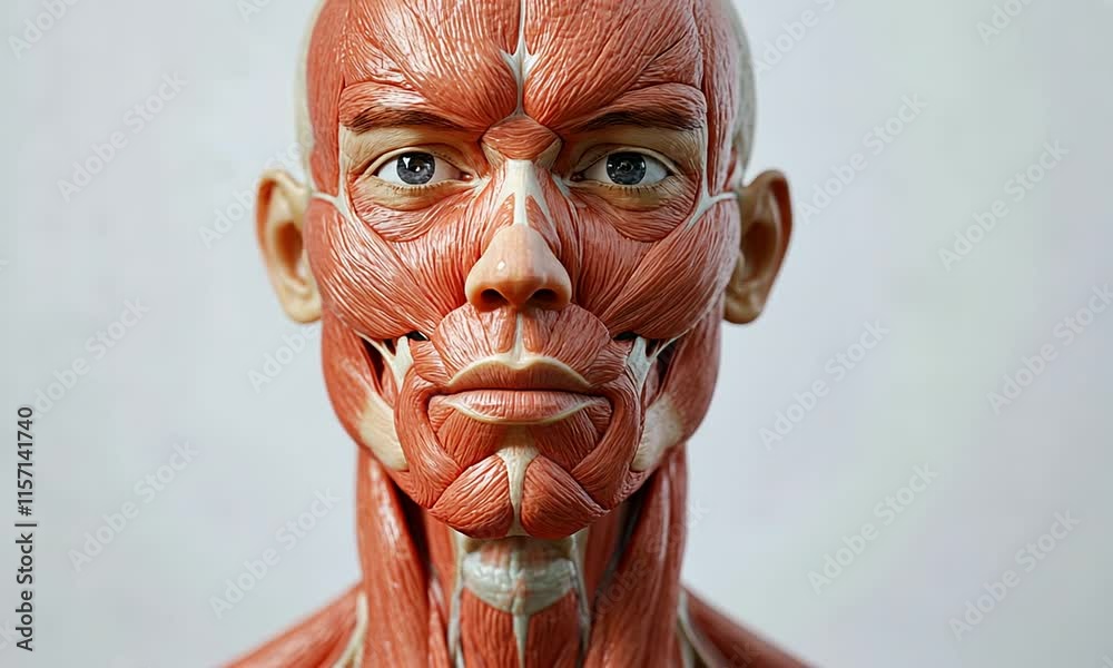 Anatomical model showcasing human facial muscles for educational purposes.