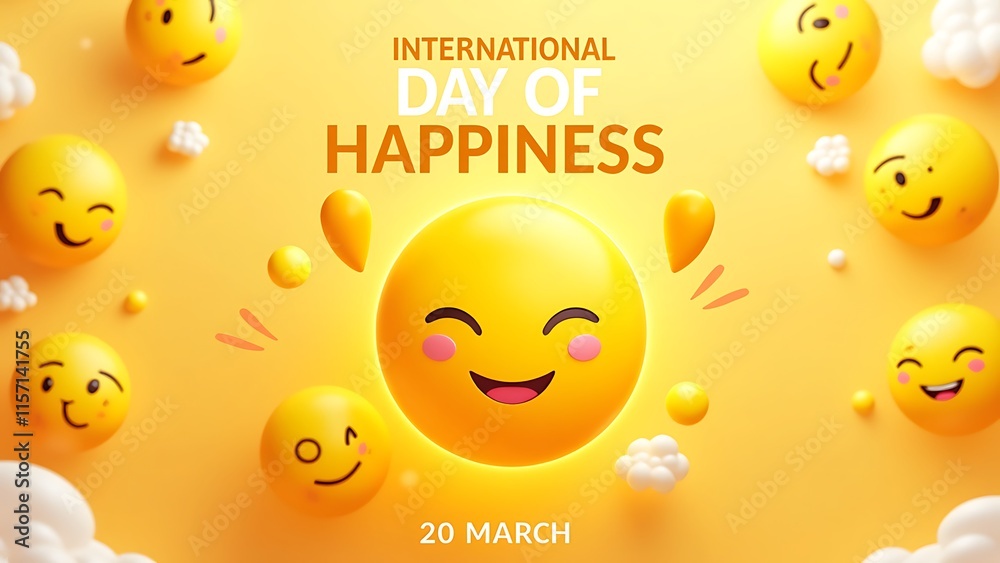 Fototapeta premium Bright yellow international day of happiness March 20 illustration with happy smiley faces, glowing light effects, and heart accents, perfect for positivity, celebration banners, and awareness promote