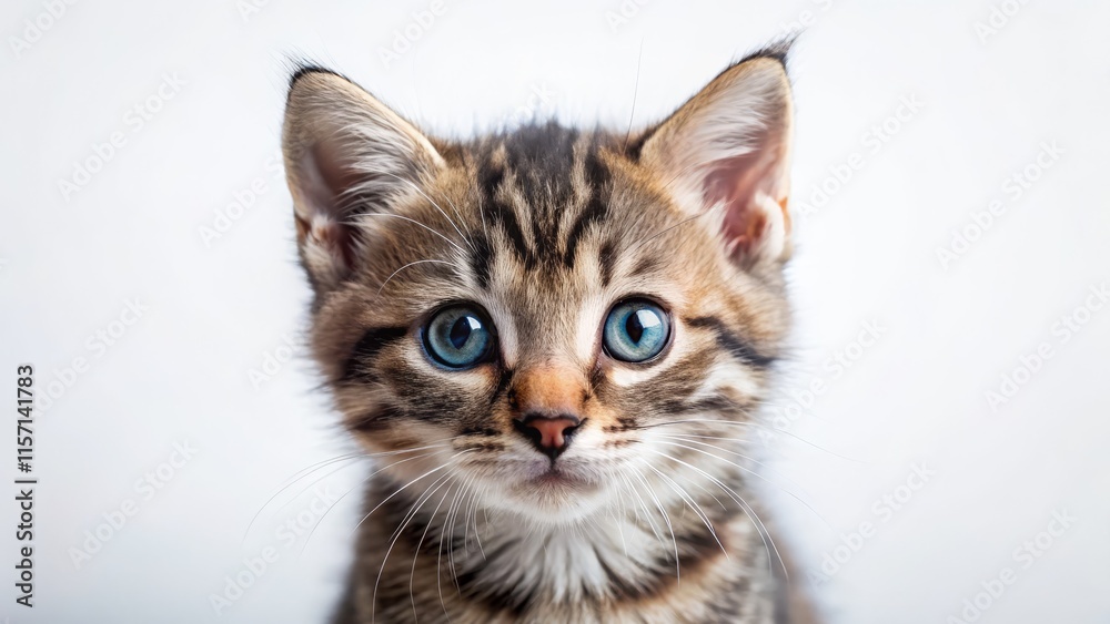 Adorable Kitten on White, Eye-Level Photo, Cute Fluffy Cat, White Background Pet Photography Adorable Kitten on White, Eye-Level Photo, Cute Fluffy Cat, White Background Pet Photography