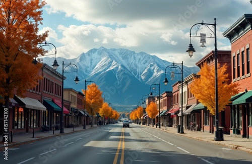 Fototapeta Naklejka Na Ścianę i Meble -  Small town street in autumn. Colorful foliage lines quiet main street. Snow-capped mountains appear in distance. Buildings with awnings show past liveliness. Solitary car travels road. Autumn colors