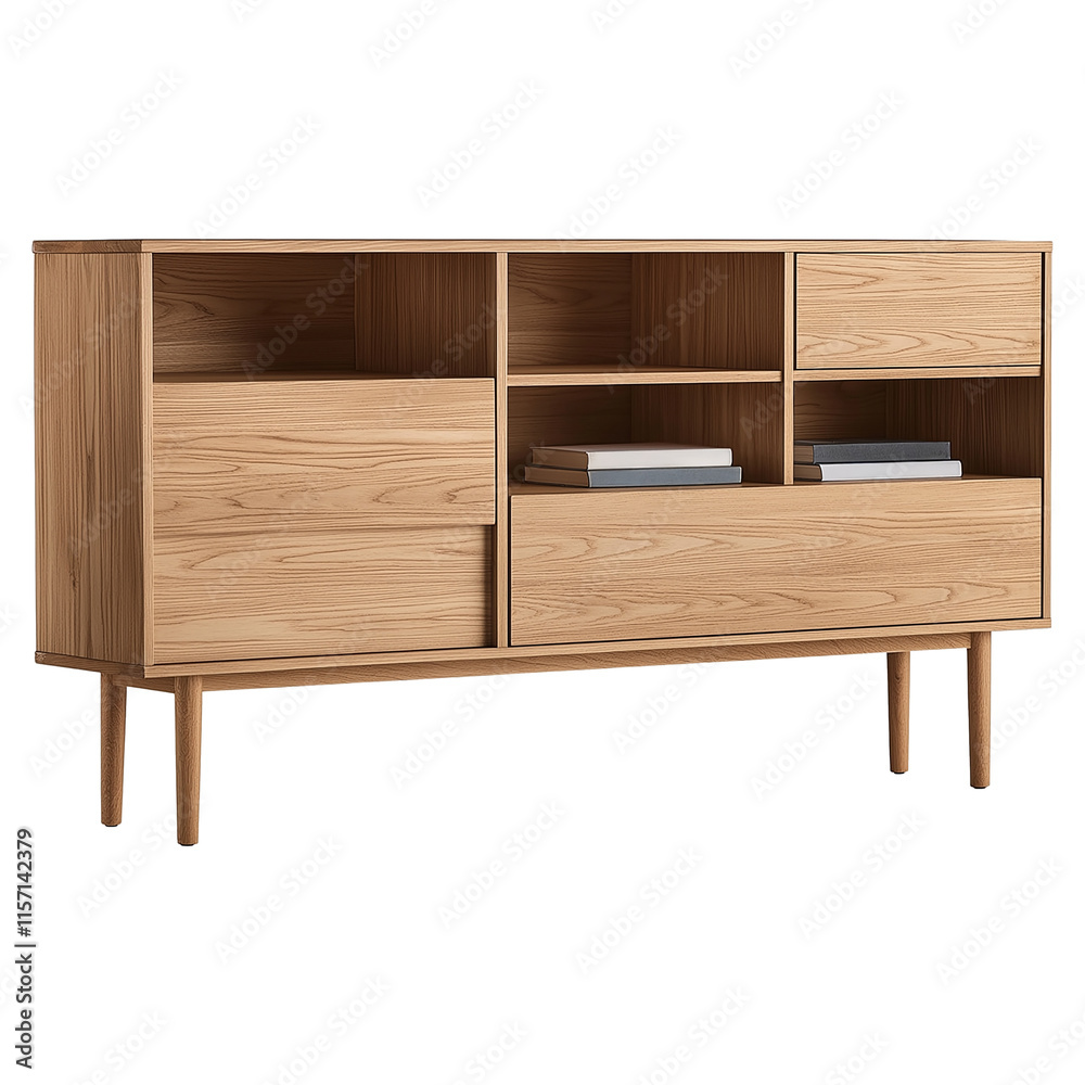 Modern wooden sideboard with books on transparent background Modern wooden sideboard with books on transparent background