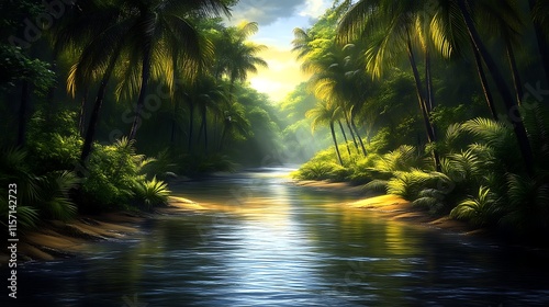 Serene River Flows Through Lush Tropical Paradise