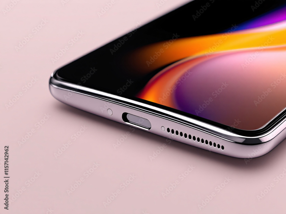 Sleek smartphone with vibrant screen on reflective surface. Sleek smartphone with vibrant screen on reflective surface.