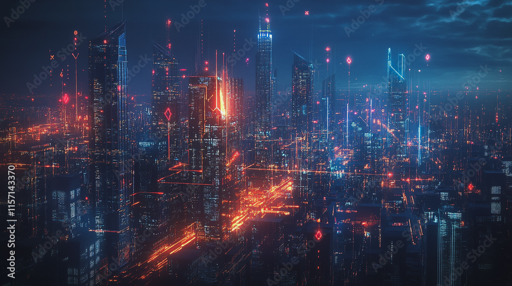 Smart digital Innovation city with connection network reciprocity over the cityscape. of future smart wireless digital city and social media networking systems that connects people with in city Smart digital Innovation city with connection network reciprocity over the cityscape. of future smart wireless digital city and social media networking systems that connects people with in city