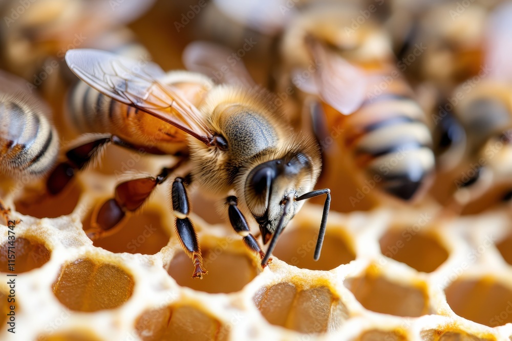 A stunning macro photograph illustrating bees interacting with honeycomb cells, highlighting their remarkable anatomy and the synergy of their cooperative work. A stunning macro photograph illustrating bees interacting with honeycomb cells, highlighting their remarkable anatomy and the synergy of their cooperative work.