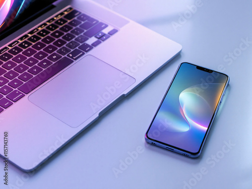 Sleek smartphone with vibrant screen on reflective surface.