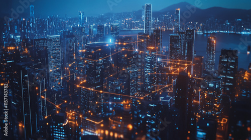 Wallpaper Mural Smart digital Innovation city with connection network reciprocity over the cityscape. of future smart wireless digital city and social media networking systems that connects people with in city Torontodigital.ca