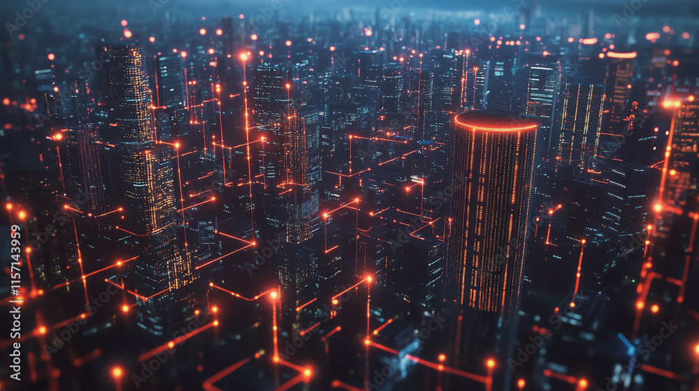 Fototapeta premium Smart digital Innovation city with connection network reciprocity over the cityscape. of future smart wireless digital city and social media networking systems that connects people with in city