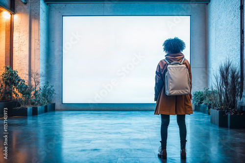 Femme de dos debout devant un panneau blanc lumineux dans une salle photo