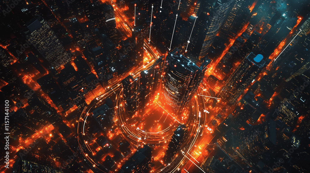 Naklejka premium Smart digital Innovation city with connection network reciprocity over the cityscape. of future smart wireless digital city and social media networking systems that connects people with in city