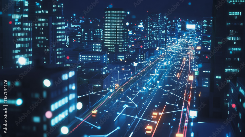 Naklejka premium Smart digital Innovation city with connection network reciprocity over the cityscape. of future smart wireless digital city and social media networking systems that connects people with in city