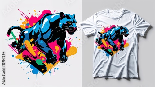 T-shirt print, Dynamic blue panther illustration on T-shirt featuring vibrant splashes and an action-packed design