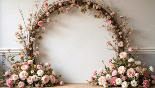 Backdrops for maternity, weddings, and photos with an arch of beautiful flowers and an antique wall. 
