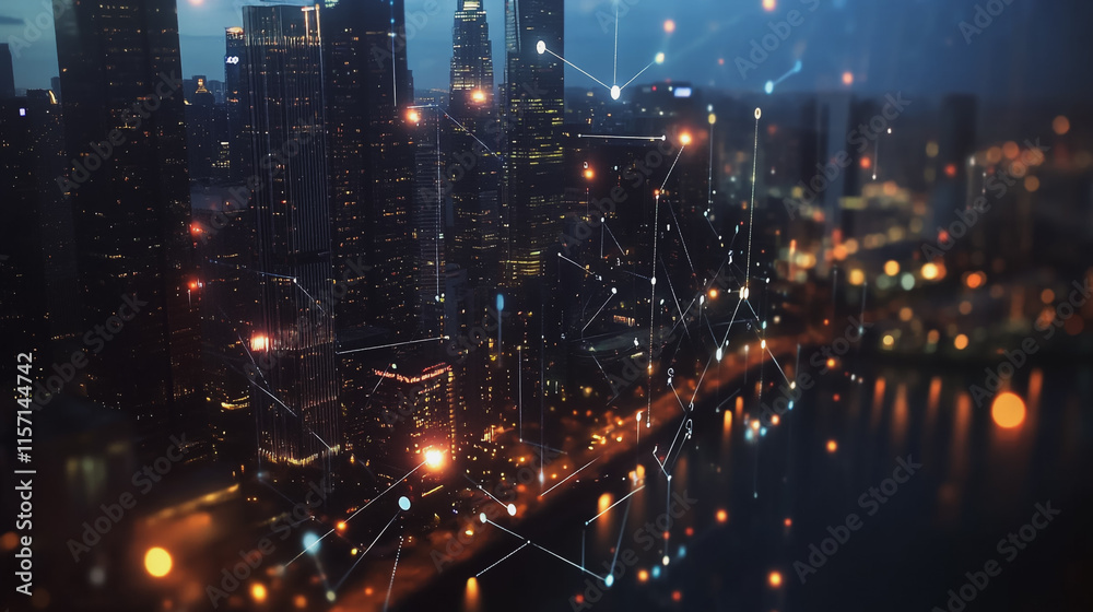 Naklejka premium Smart digital Innovation city with connection network reciprocity over the cityscape. of future smart wireless digital city and social media networking systems that connects people with in city