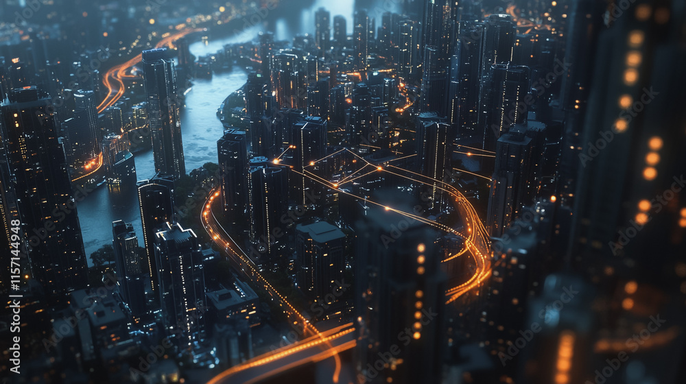 Fototapeta premium Smart digital Innovation city with connection network reciprocity over the cityscape. of future smart wireless digital city and social media networking systems that connects people with in city