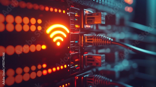 Close-up of glowing wi-fi symbol on modern digital device, surrounded by connected network cables and routers, representing internet service connectivity and modern technology integration.