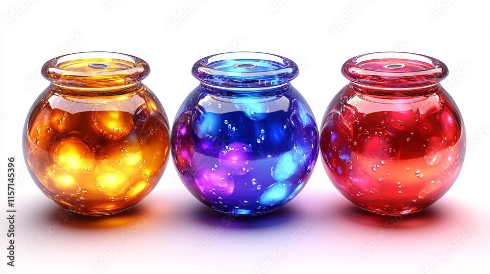 Three Colorful Enchanting Jars with Glowing Spheres - A Captivating Visual Feast Three Colorful Enchanting Jars with Glowing Spheres - A Captivating Visual Feast