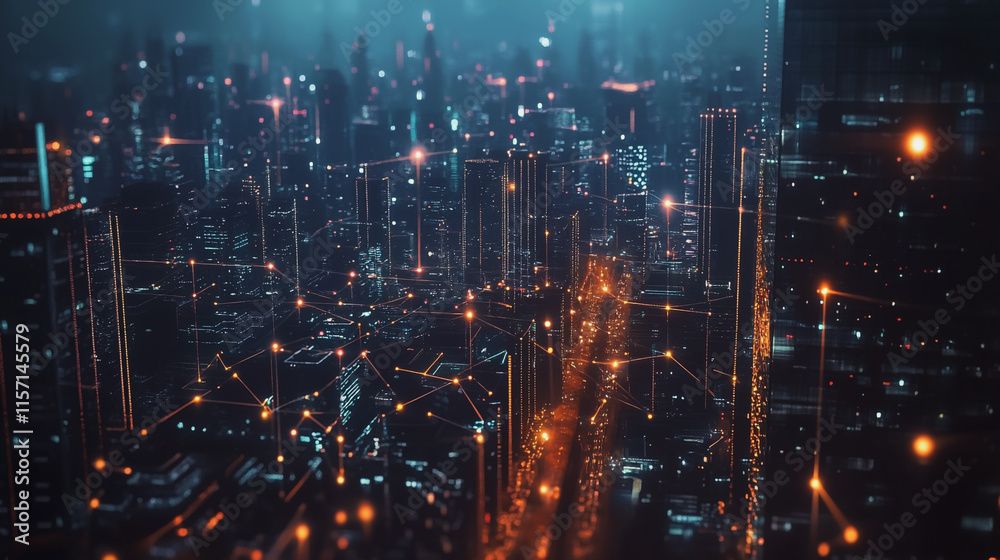 Smart digital Innovation city with connection network reciprocity over the cityscape. of future smart wireless digital city and social media networking systems that connects people with in city