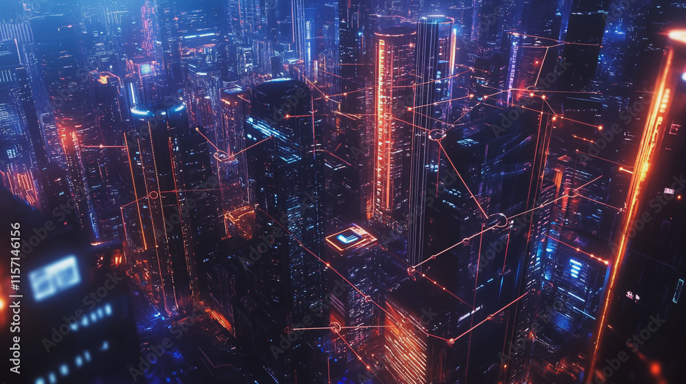 Fototapeta premium Smart digital Innovation city with connection network reciprocity over the cityscape. of future smart wireless digital city and social media networking systems that connects people with in city