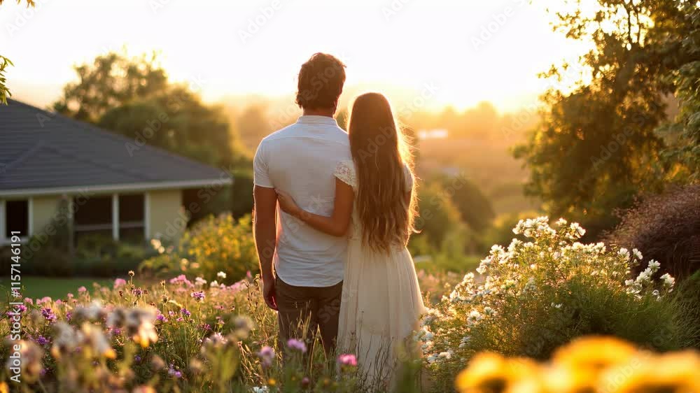 Couple de dos au milieu de la nature face au soleil. Couple from back in the middle of nature facing the sun.