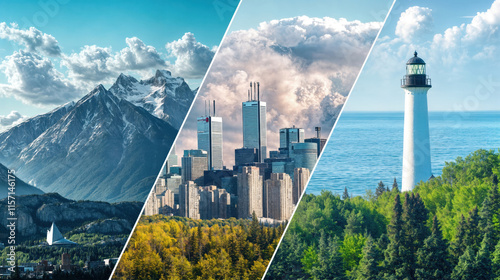 Bc mountains on the left, toronto skyline in the center and an atlanitc canada lighthouse on the right. photo