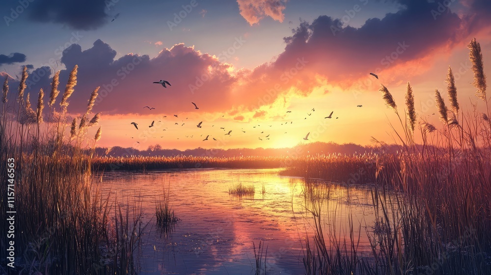 Sunset over a peaceful wetland filled with reeds and birds