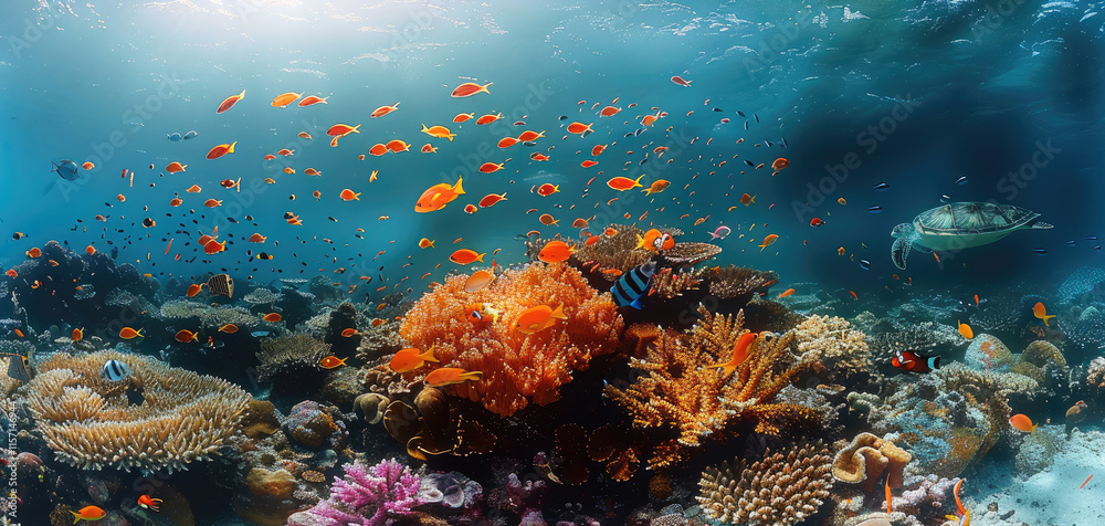 Naklejka premium Vibrant coral reef ecosystems, schools of colorful fish swimming around glowing corals, turtles and manta rays gliding, clear blue seawater.