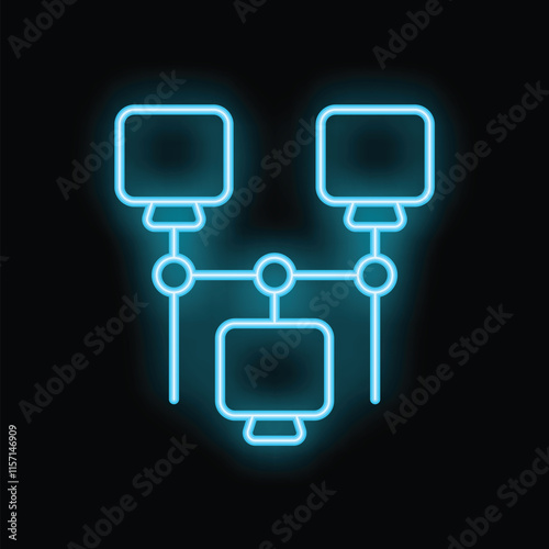Bright neon icon of a computer network representing an intranet connection on a black background