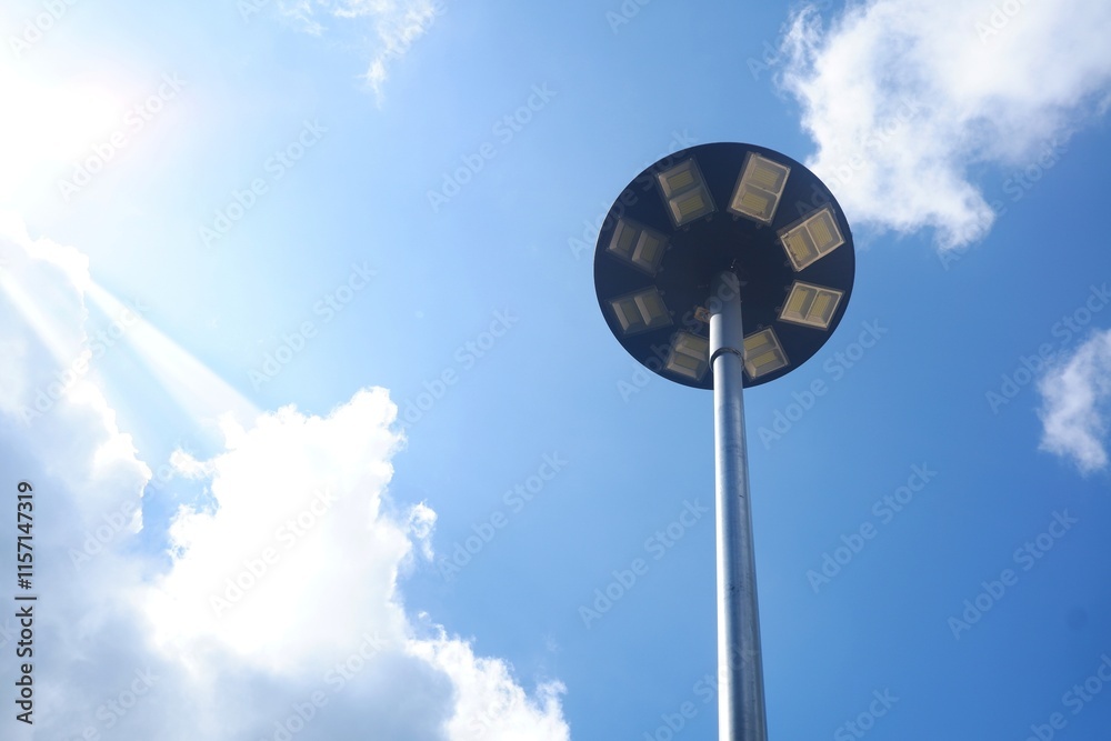 Photo of a circular solar cell light pole Concept of sustainable resource use, reducing global warming Photo of a circular solar cell light pole Concept of sustainable resource use, reducing global warming