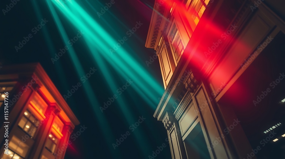 Obraz premium A precise architectural color photograph featuring vibrant light leaks on a dark blurred background. Sharp lines, detailed structures, wide angles, detailed focus, modern design, ethereal theme