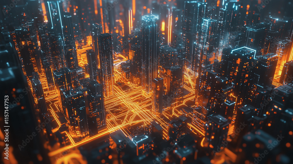 Fototapeta premium smart, digital, city, connection, network, innovation, Smart digital Innovation city with connection network reciprocity over the cityscape. of future smart wireless digital city and social media netw