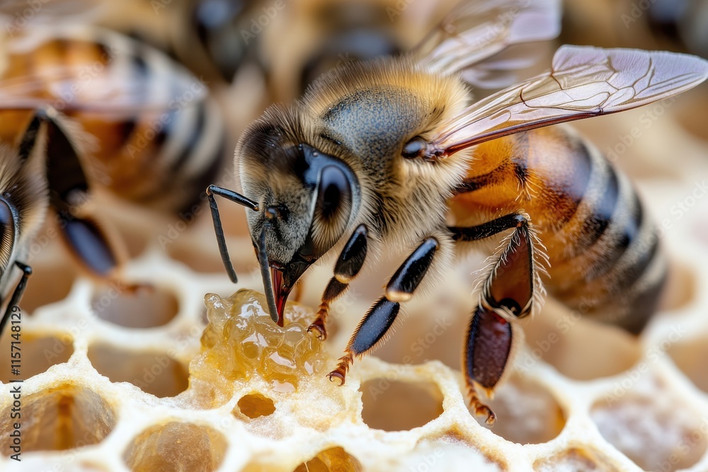An intricate close-up of a honey bee engaged in its work on a honeycomb, emphasizing both the bee's features and the structure of the hexagonal cells. An intricate close-up of a honey bee engaged in its work on a honeycomb, emphasizing both the bee's features and the structure of the hexagonal cells.