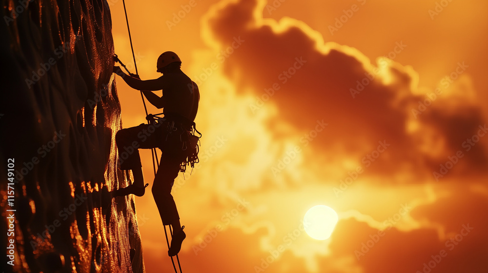 Rock climber silhouetted against sunset sky Rock climber silhouetted against sunset sky
