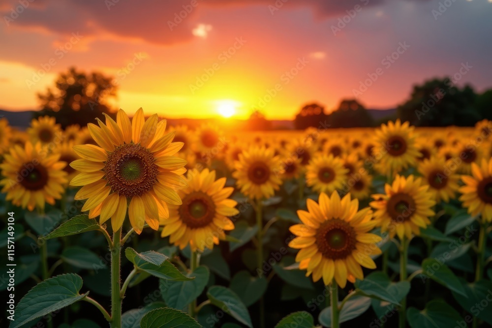 Obraz premium Sun-kissed sunflowers bathed in the last rays of a breathtaking sunset , beauty, twilight