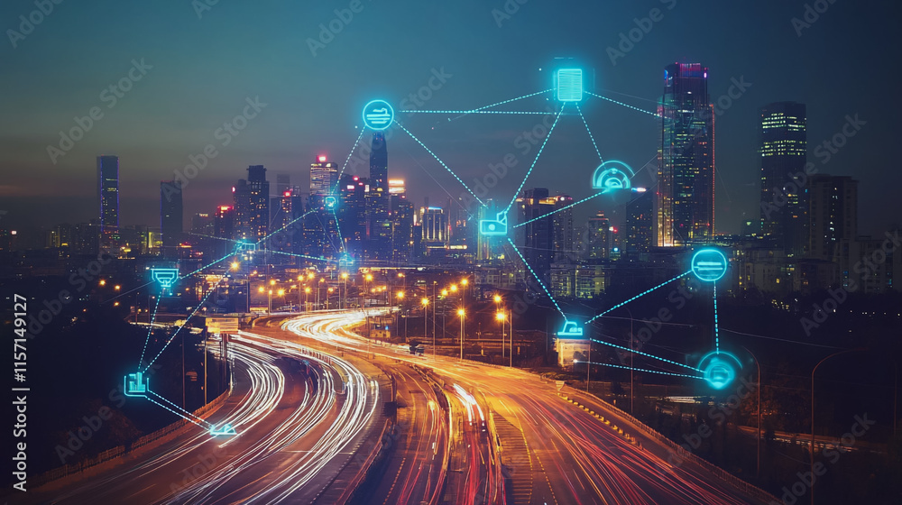 Fototapeta premium Smart digital Innovation city with connection network reciprocity over the cityscape. of future smart wireless digital city and social media networking systems that connects people with in city
