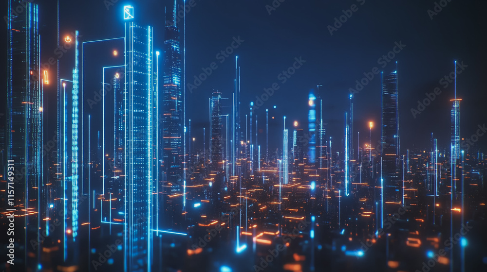 Fototapeta premium Smart digital Innovation city with connection network reciprocity over the cityscape. of future smart wireless digital city and social media networking systems that connects people with in city