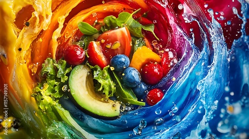 Mixed fruit smoothies, cold pressed fruit juices, Vibrant Fresh Salad Splash with Colorful Vegetables and Fruits in Water.