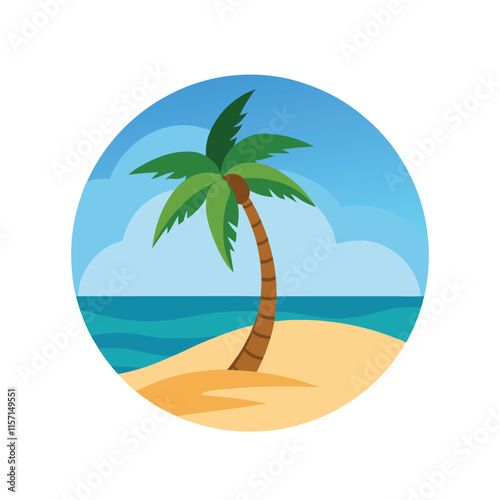 "Serene Beach with Palm Tree Vector Illustration"

